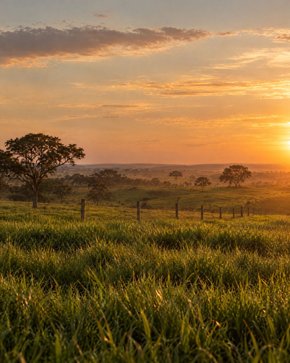 Pastagem verde com árvores do cerrado ao entardecer